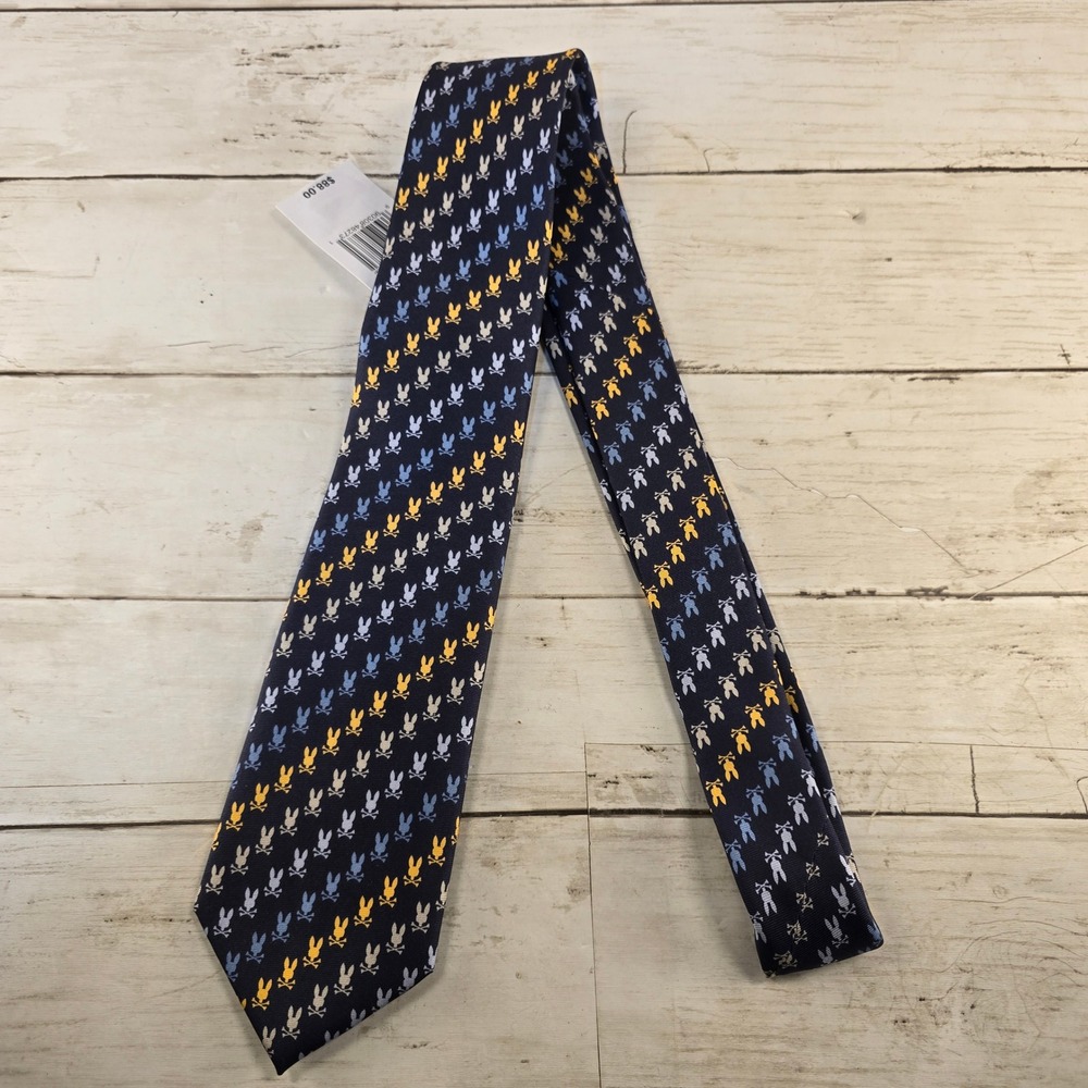 Psycho Bunny Mens Navy Blue Yellow Silk Bunny Logo Necktie MO1700036 NWT
